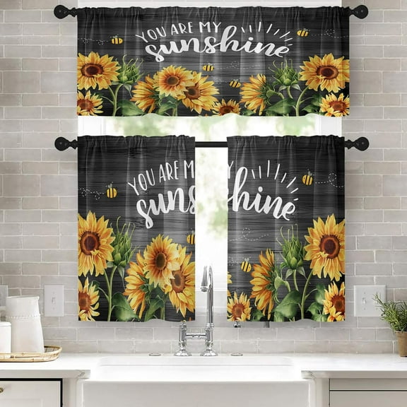 Sunflower Kitchen Curtains Farmhouse Window Curtains Valance and Tier Set 36 Inch, Wooden Background Rod Pocket Short Tier Curtain, Vintage Sunshine Small Curtains for Kitchen Decor