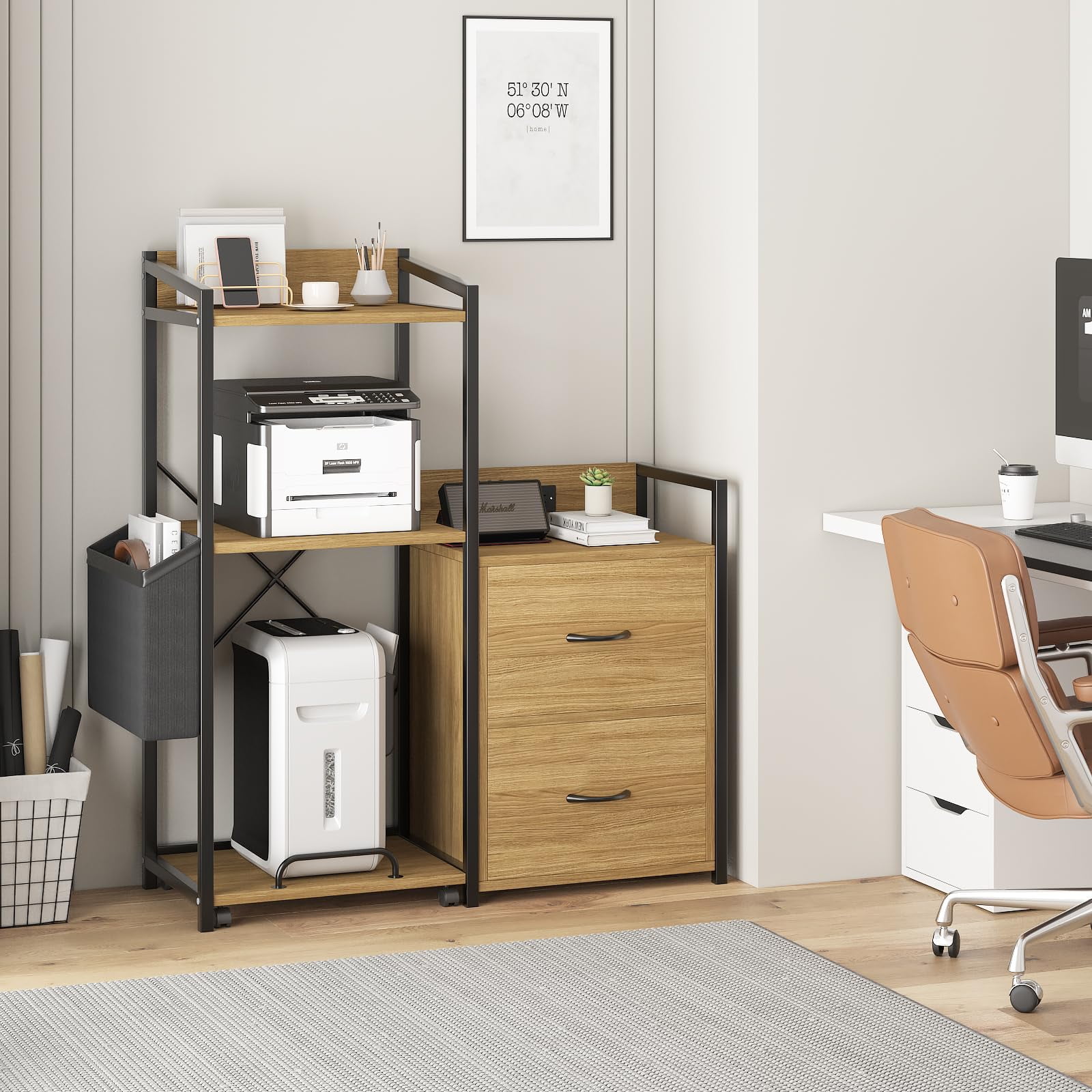 Smart Wooden Printer Stand with Built-in Power Strip and LED Lights, Featuring a 2-Drawer File Cabinet and Open Shelf for A4/Letter Size Home Office Organization，Wood
