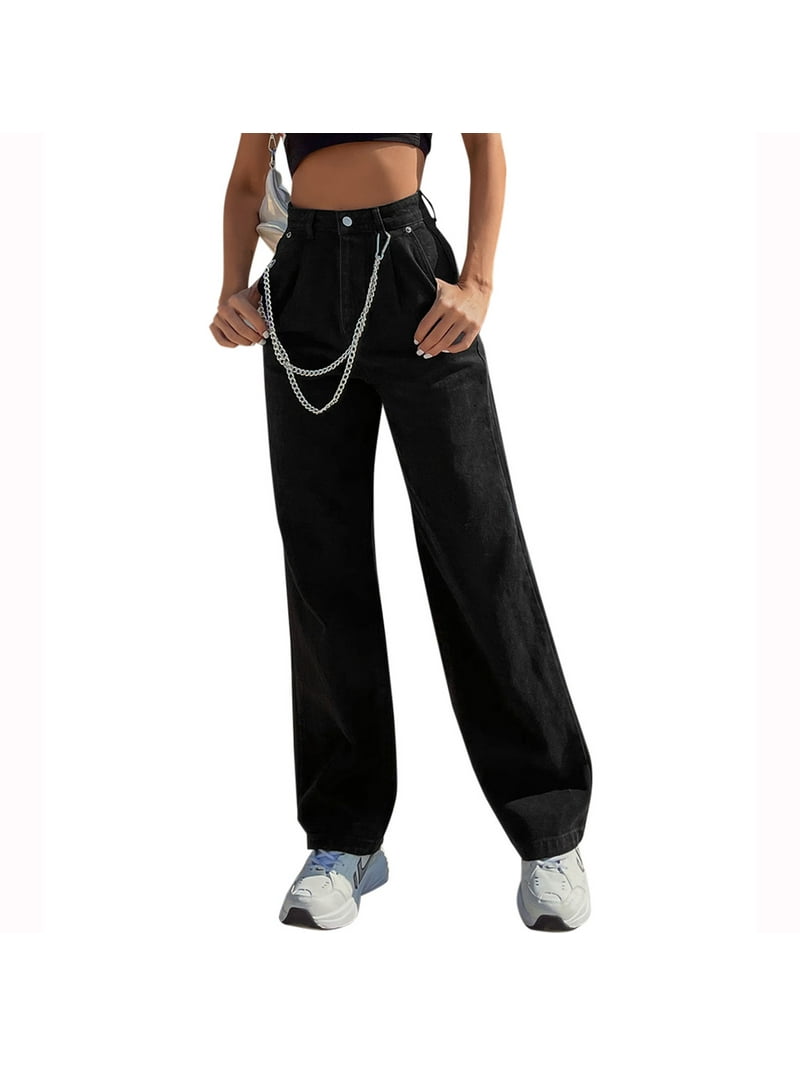 Douhoow Jeans for Women Trousers Vintage Black High Waist