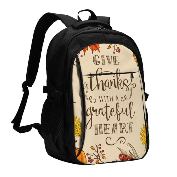 Easygdp Thanksgiving With A Grateful Heart Mochila para Laptop de Viaje con Puerto USB, Mochila para Laptop con Puerto de Carga USB para Mujeres y Hombres
