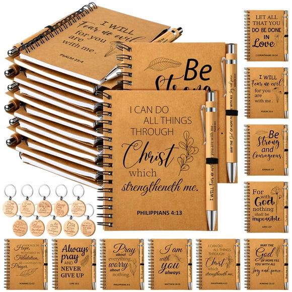 Qeeenar 180 Pcs Christian Gifts Bulk for Men Women Bible Notebook Religious Prayer Journal Inspirational Church Notebook with Bamboo Bible Pens and K