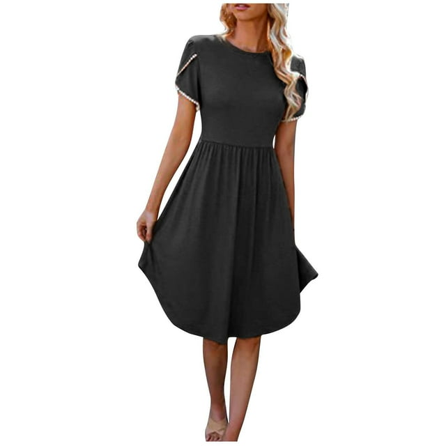 Robes pour Femmes, Robe d'Été Décontractée Mi-Longue Couleur Unie Manches Courtes Col Rond