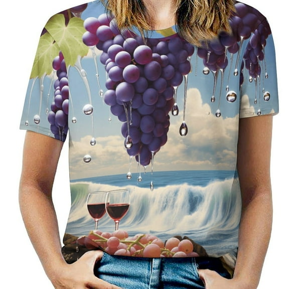 Fruit Purple Grapes Women's Short Sleeve T-Shirt Crew Neck Casual Summer Trendy Loose Fit Tops
