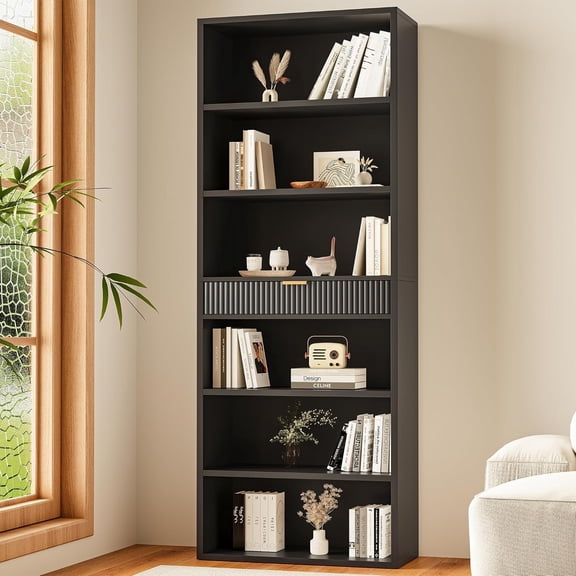 72" Tall Bookshelf with Storage, 7-Tier Bookcase Fluted with Drawer, Display Book Shelf Book Organizer with Anti-tip Device, Home Decor Wood Furniture for Bedroom, Living Room and Office, White
