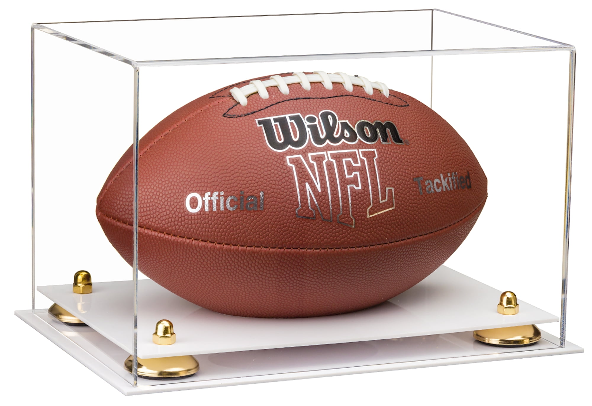 Deluxe Clear Acrylic Football Display Case with Gold Risers and White