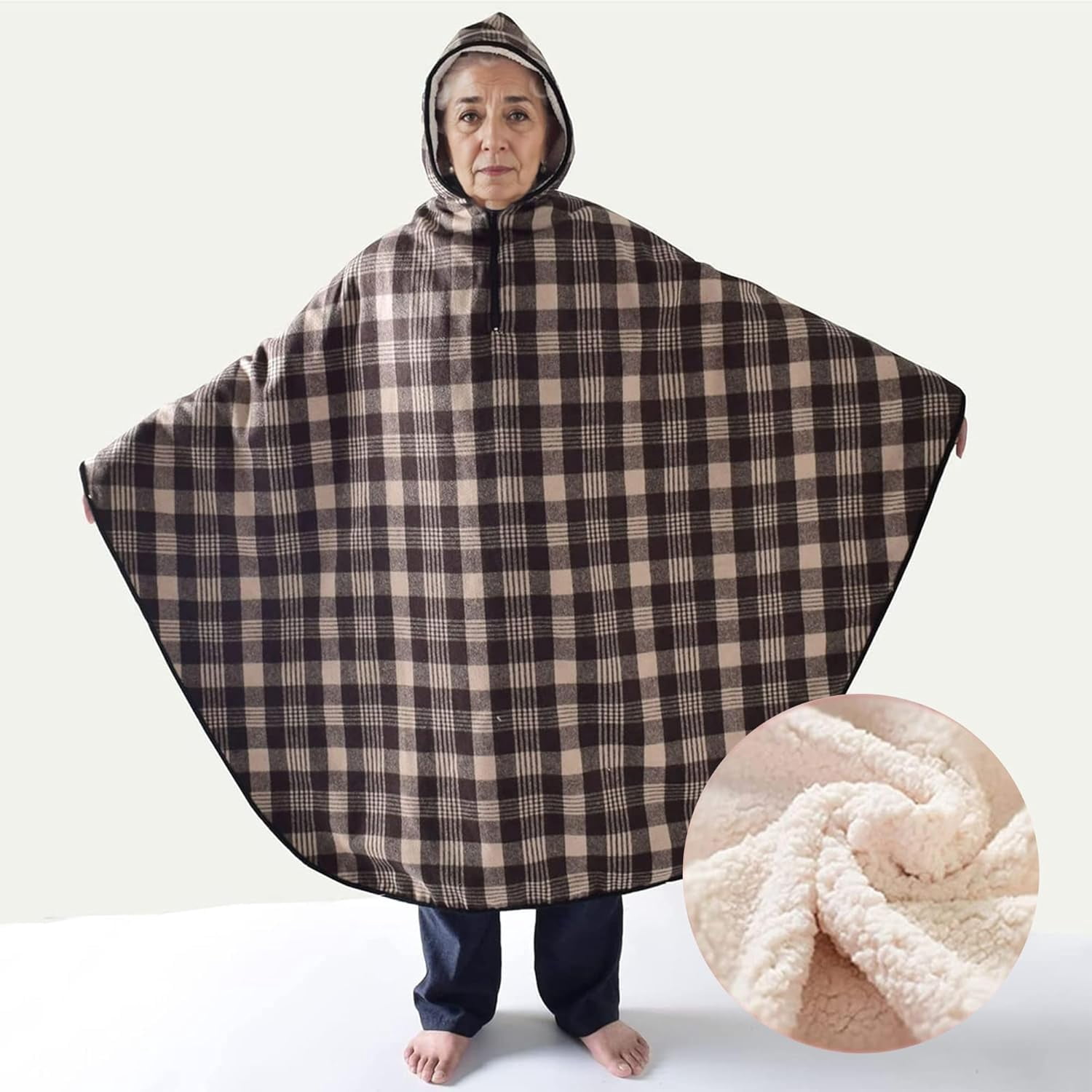 Wheelchair Lap Blanket for Elderly: Winter Ponchos Cape Coat for Women and Men, Fleece Lined Wheelchair Cape with Hood, Warm Soft Lap Blanket for Office, Gifts for Homebound Seniors