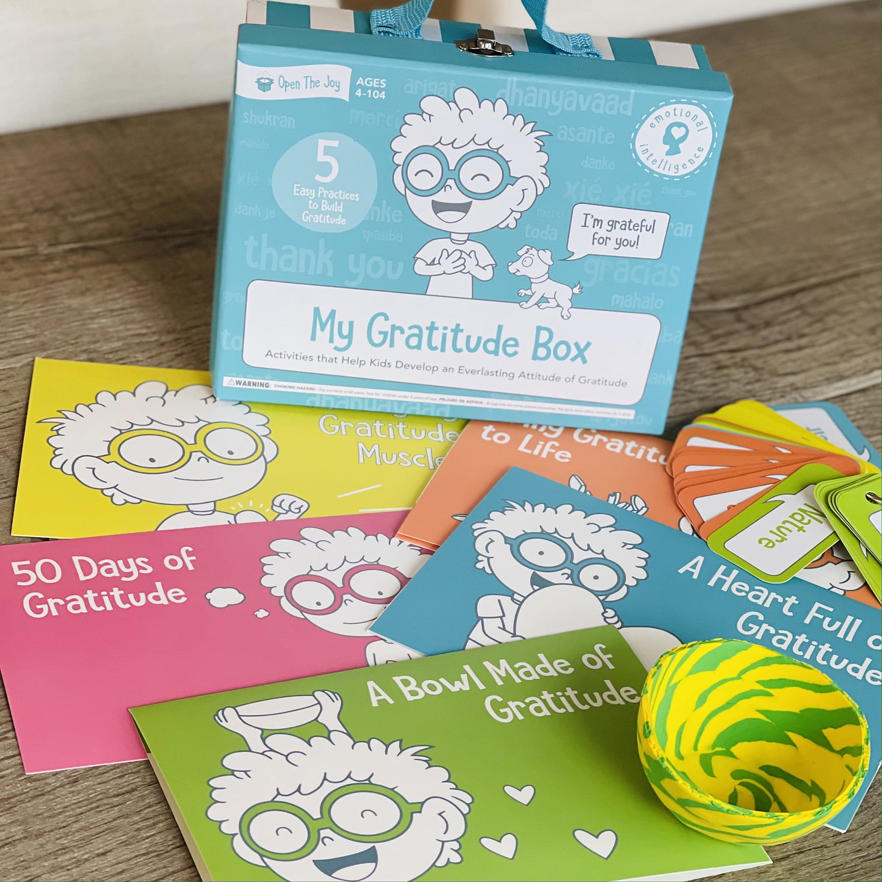Open The Joy My Gratitude Box, Activity Box Includes A Wooden Building Project, Clay Bowl Project, Origami Projects, Notepad for Journaling, and Gratitude Cards - Ages 4+