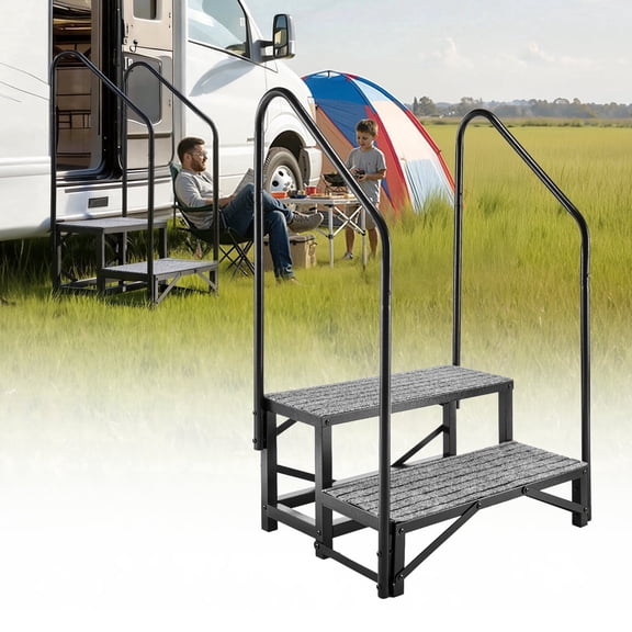 VEVOR RV Steps with Dual Handrails, 2 Steps, 660 lbs Load Capacity, Heavy Duty Outdoor RV Stairs with Non-Slip Mat for Elderly/Pets