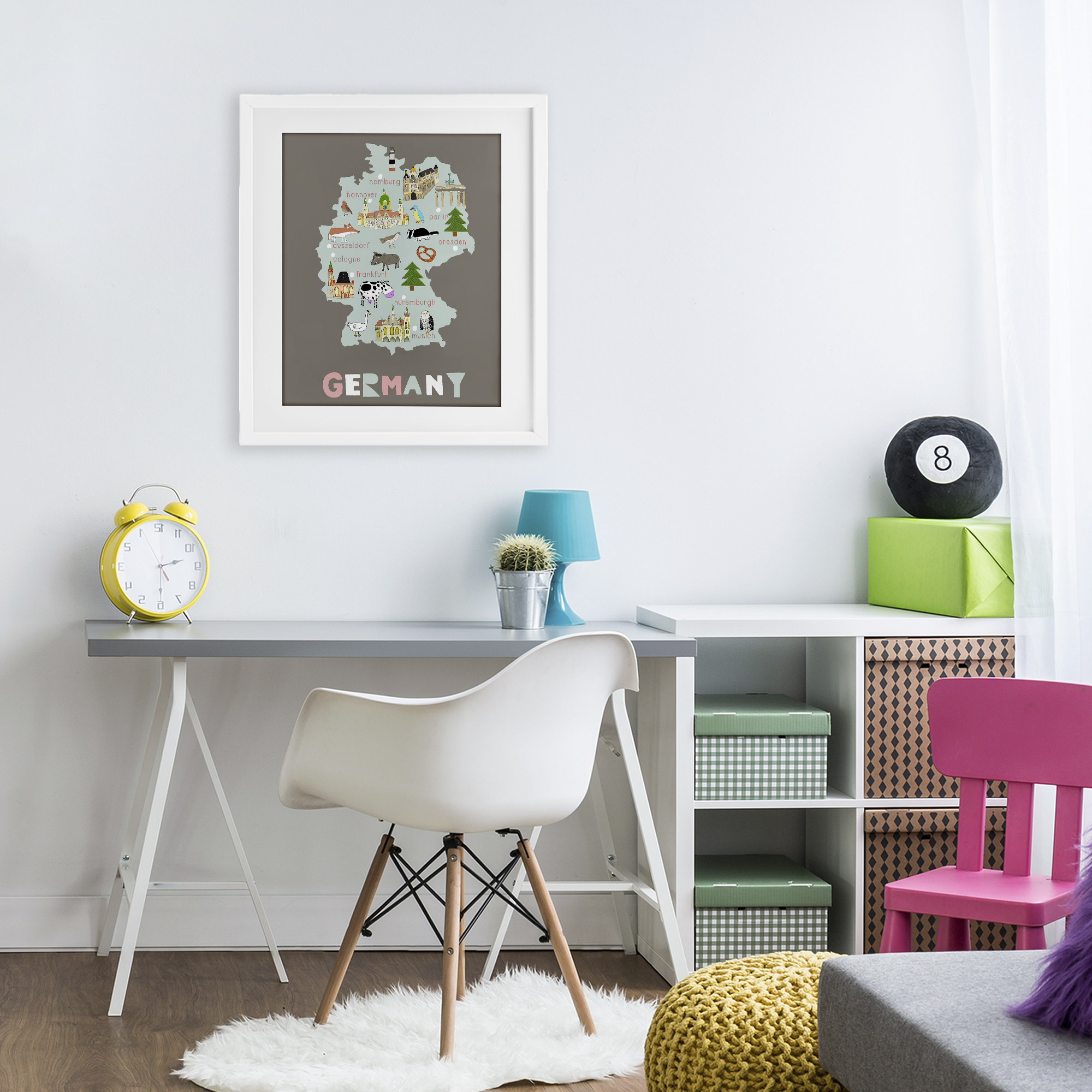 Kid's Map of Germany White Framed Print Under Glass, design by Carla Daly