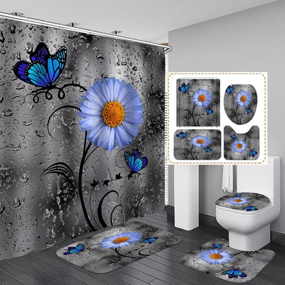 4Pcs Farmhouse Bathroom Decor Set with Shower Curtain set, Nonslip Rug, Bath Mat and Toilet Cover, White Daisy Butterfly Shower Curtain with 12 Hooks Home Bathroom Accessories (Wood White Daisy)