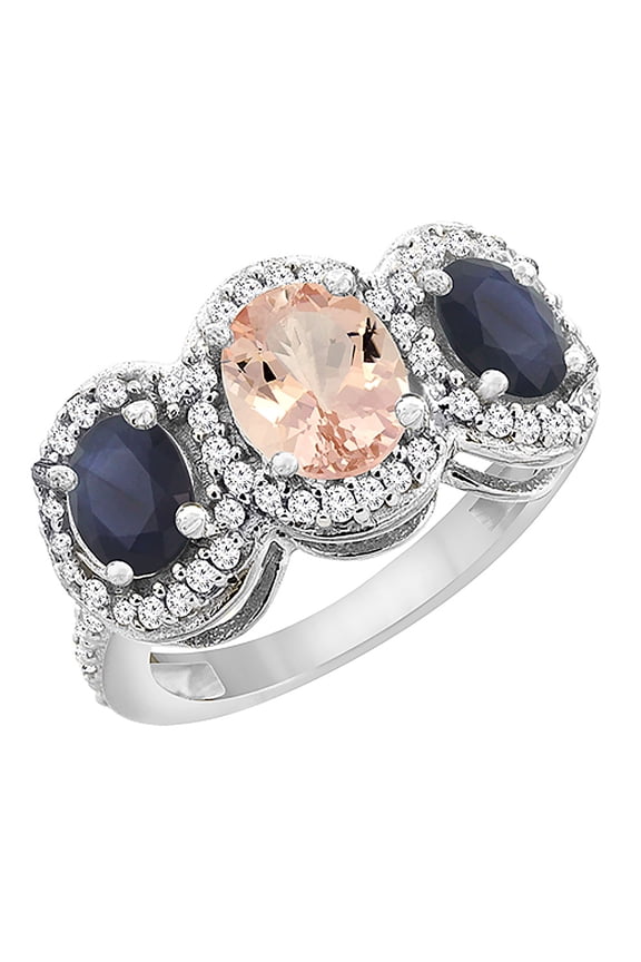 14K White Gold Natural Morganite & Quality Blue Sapphire 3-stone Mothers Ring Oval Diamond Accent, size 9