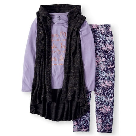 Hood Vest Set - Hooded Sweater Knit Long Vest, Tee & Legging, 2-Piece Outfit Set (Little Girls & Big Girls)