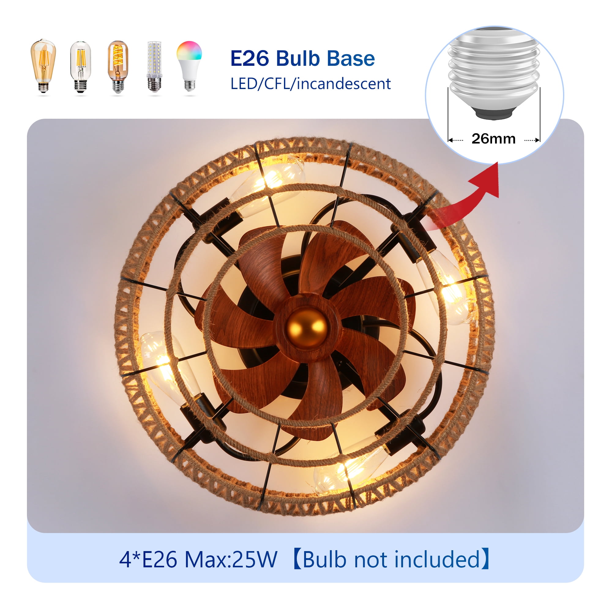 Leumius 20" Rope Caged Flush Mount Ceiling Fan with Light and Remote Control, Low Profile Chandelier 6 Speed DC Motor Reversible Ceiling Fan for Living Room Bedroom Matte Black (NOT Included Bulbs)