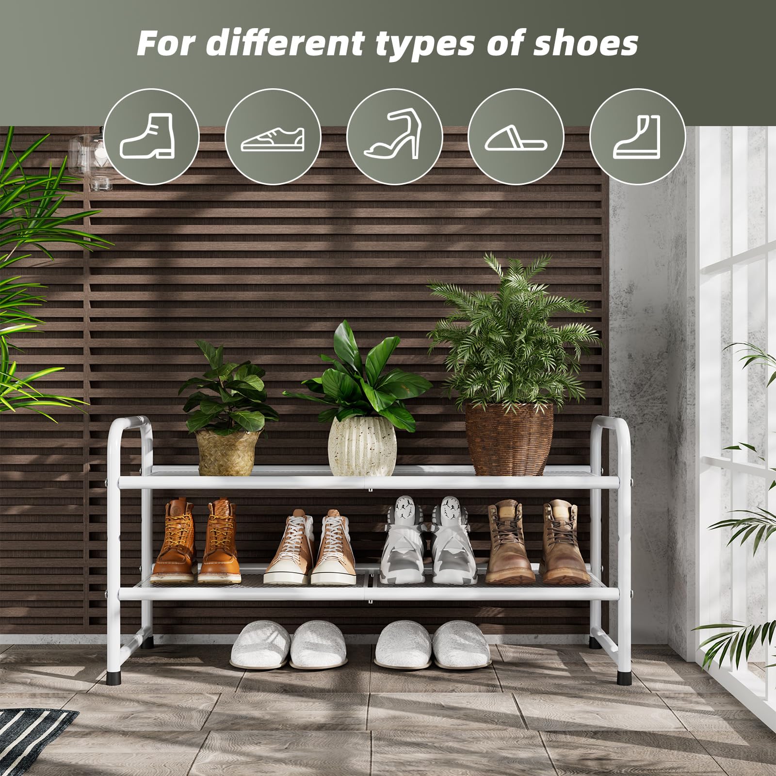 SUFAUY 2 Tier Shoe Rack Holds up to 10 Pairs, 33" Wide Metal Mesh Shoe Organizer for Closet, White