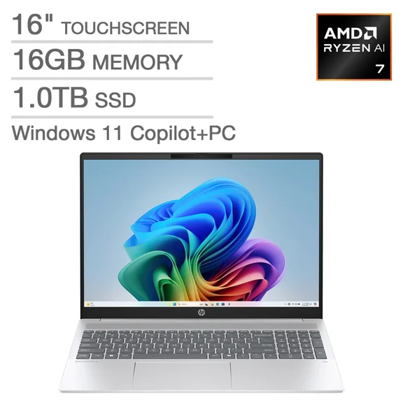 HP Omnibook 5 16" AI Laptop - AMD Ryzen AI 7 350 - CoPilot  PC - 2K (1920 x 1200) Touchscreen - 16GB Memory - 1TB SSD - Windows 11 Home