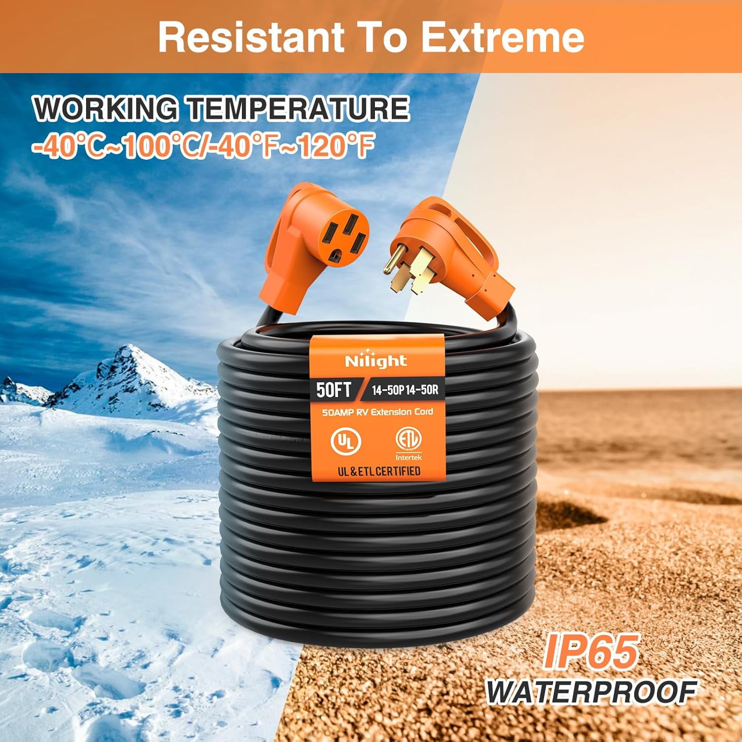 Nilight 50 ft Heavy Duty RV/EV Extension Cord Waterproof with Grip Handle, 4 Prong, NEMA 14-50P to 14-50R