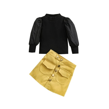 

Toddler Baby Girl Skirt Outfits Puff Sleeve Ribbed Sweatshirts Tops High Waisted Skirts Fall Winter Clothes Set