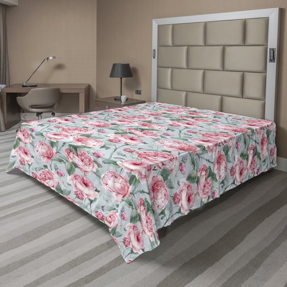 Ambesonne Floral Flat Bedding Sheet Soft Top Sheet, Pastel Pink Peony Flowers, California King, Pale Blue Pastel Pink