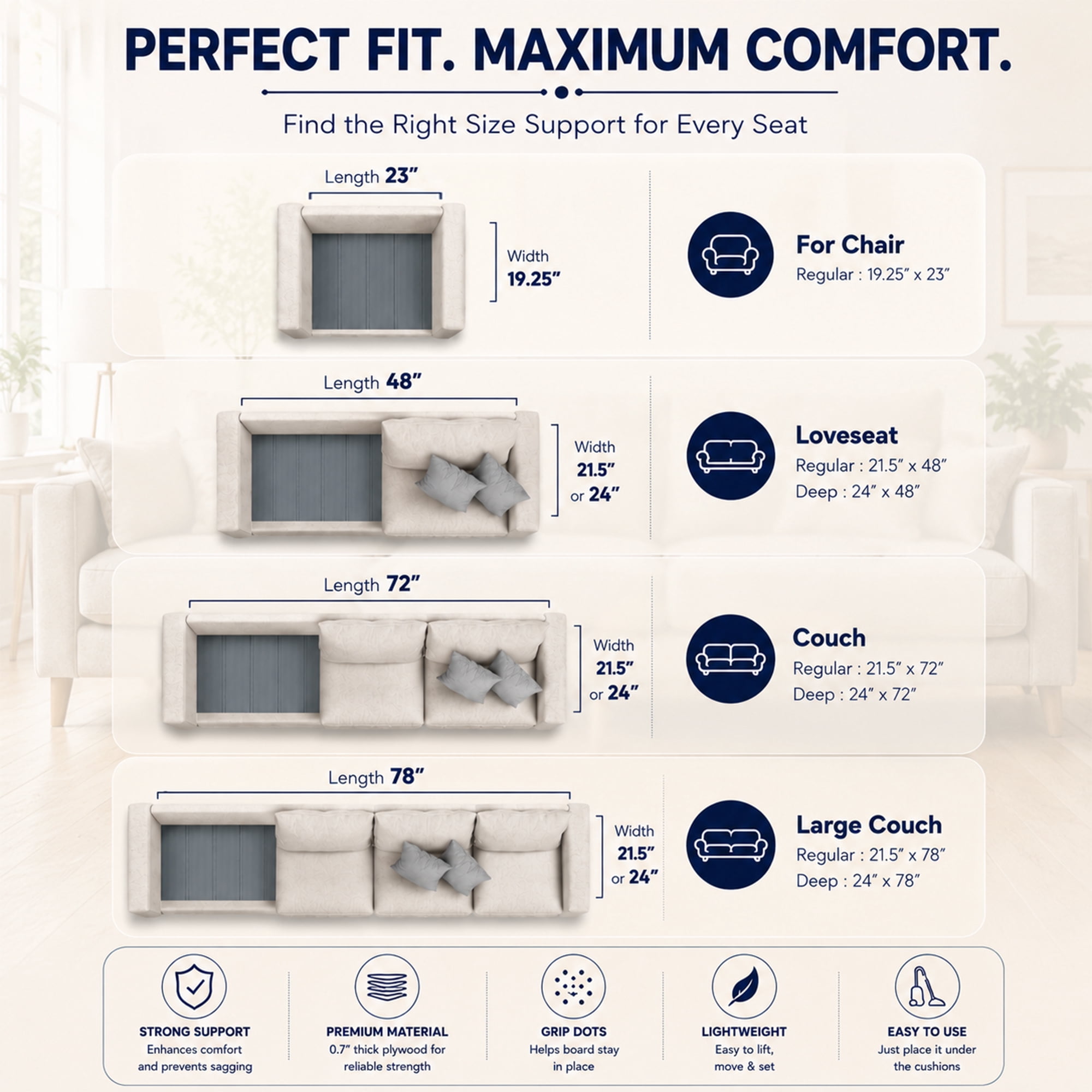 Continental Sleep, Heavy Duty Couch Support Board, 19.25" x 23" Extra Thick Wood Base to Fix Sagging Seats, Reinforced Under Cushion Panel for Sofas, Chairs & Loveseats, Furniture Seat Saver