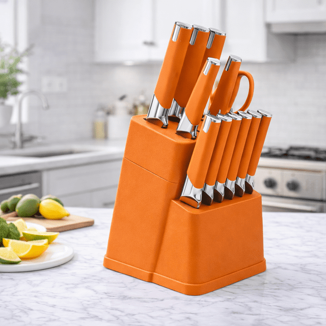 13 Pcs Kitchen Knife Set with Block, Stainless Steel Sharp Blades, Non-Slip Handle, Multi-Color Knife Set with Scissors for Home Kitchen Orange