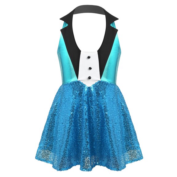 iEFiEL Kids Girls Jazz Tap Dance Dress Halter Sequins Hem Dancewear,Sizes 4-14 Sky Blue 8