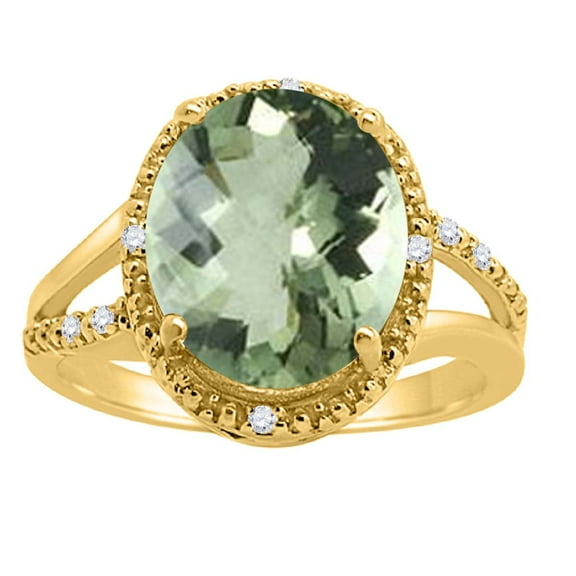 Mauli Jewels Rings for Women 4.53 Carat Oval Shaped Green Amethyst and Diamond Ring 4-Prong 10K Yellow Gold