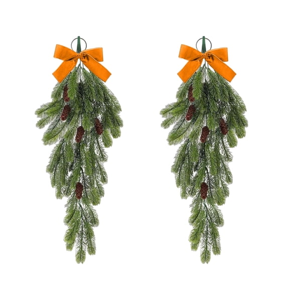 2 Pcs 27.6" Artificial Christmas Teardrop Swag Decorations, Faux Pine Needles Teardrop Door Swag, Christmas Norfolk Greenery Teardrop Wreath for Xmas Door Table Mantle Fireplace Indoor Outdoor Decor