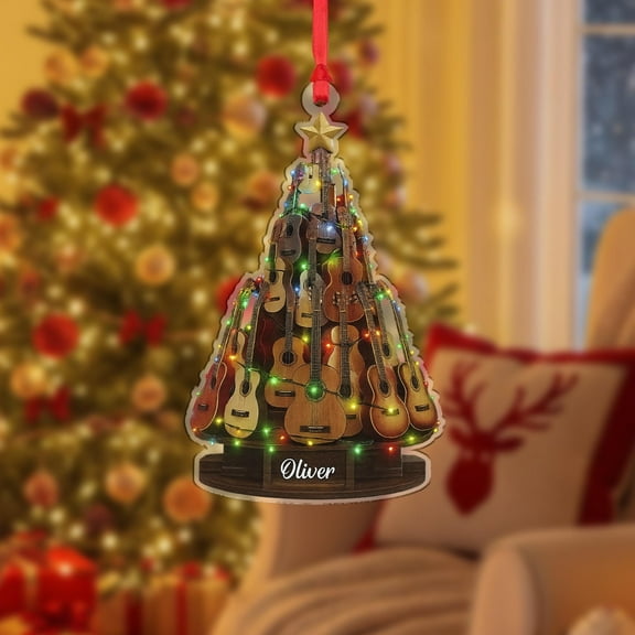Personalized Guitar Tree Acrylic Christmas Ornament Custom Name, Music Lover Holiday Decor, Rock Band Holiday Tree Keepsake