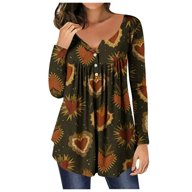 Camiseta de moda sexy informal para mujer, blusa estampada de manga larga con cuello redondo y fruncido Pompotops FGAJ6987