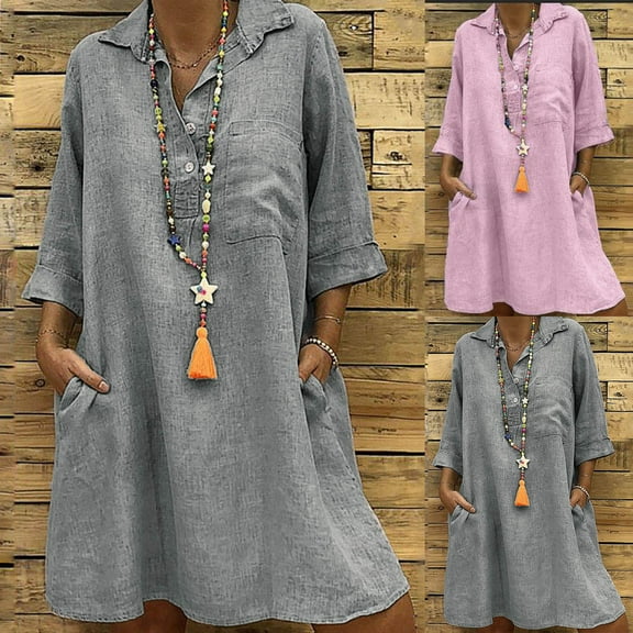 ZZwxWA Womens Bodycon Mini Dress Solid Boho Turn-Down Collar Dress Cotton and Linen 3/4 Sleeve Casual Pocket Button Dress Short