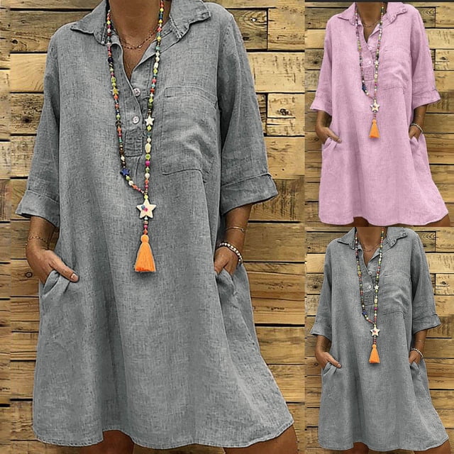 Gspmoly Robes d'Été pour Femmes, Robe à Revers en Coton et Lin pour Femmes de Printemps et d'Été à Boutons, Robe Chemise Décontractée avec Poches à Manches 3/4, Robe de Cocktail, Vente de Liquidation