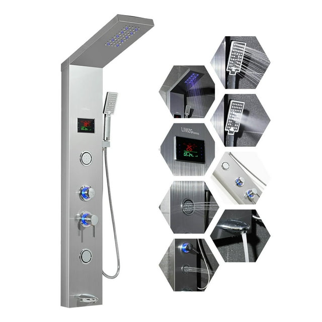 LED Rainfall Waterfall Shower Panel, 5-Function Bathroom Shower Head, Stainless Steel Shower Tower System with Temperature Display