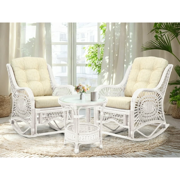 Malibu Handmade Natural Rattan Living Room Set of Round Coffee Table with glass and 2 Rocking Lounge Chairs with Cream Cushions, White Color