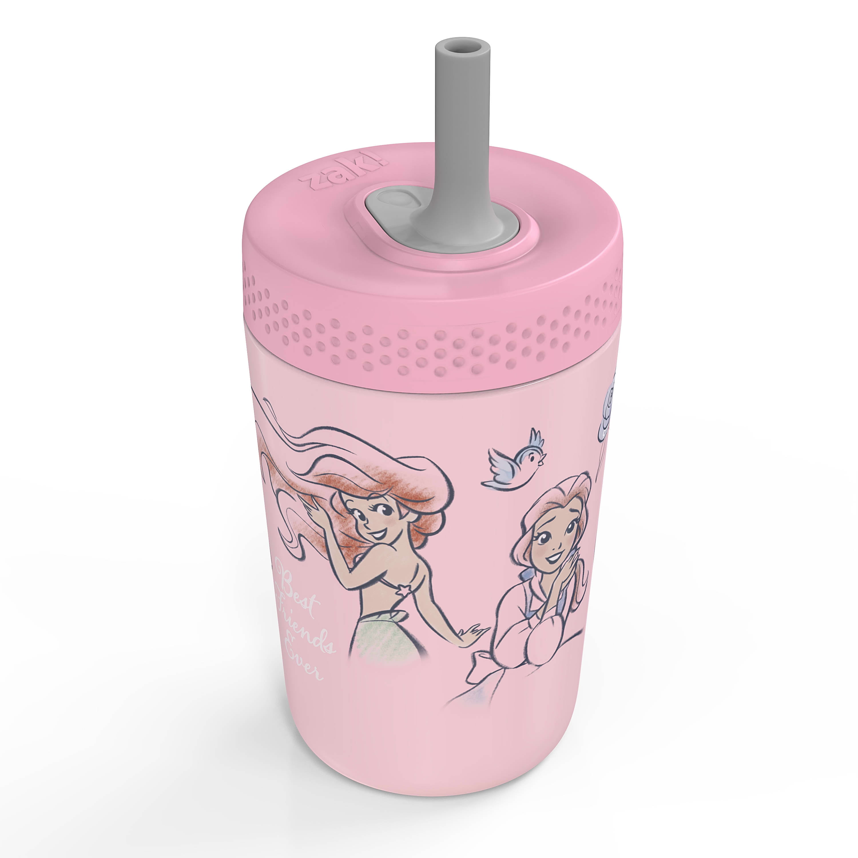 Zak Designs 12oz Kids Straw Tumbler, Stainless Steel Vacuum Insulated Kincaid Tumbler with Silicone Straw Utilizing Leak-Proof Valve, Travel Straw Tumbler, Disney Princess