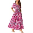thumbnail image 4 of INSPIRE CHIC Women's Summer Casual V Neck Floral Flutter Short Sleeves Smocked Flowy with Pockets Maxi Dresses L Hot Pink, 4 of 5