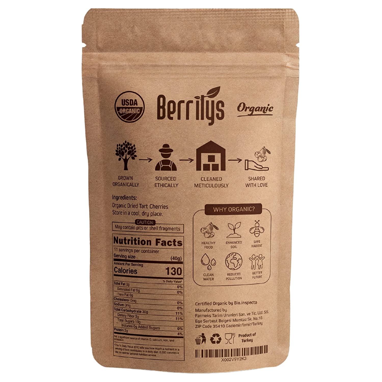 Berrilys Organic Dried Tart Cherries, 1 lb, Unsweetened, Pitted, Non-GMO, Kosher, Unsulfured, No Added Sugar