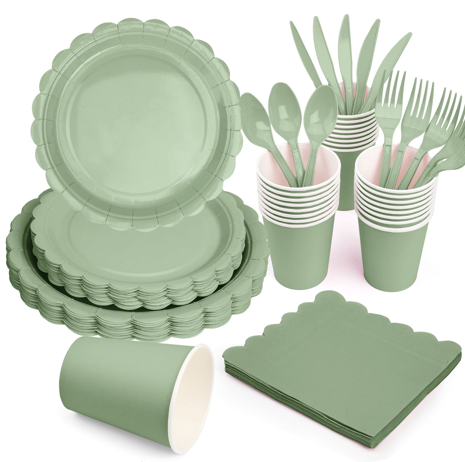 Inadays 175Pcs Disposable Party Supplies Includes Green Paper Plates Cup Napkins Forks Spoons Knives, Dinnerware Set for Garden Party Birthday BBQ Baby Shower Wedding, Serve 25 Guests