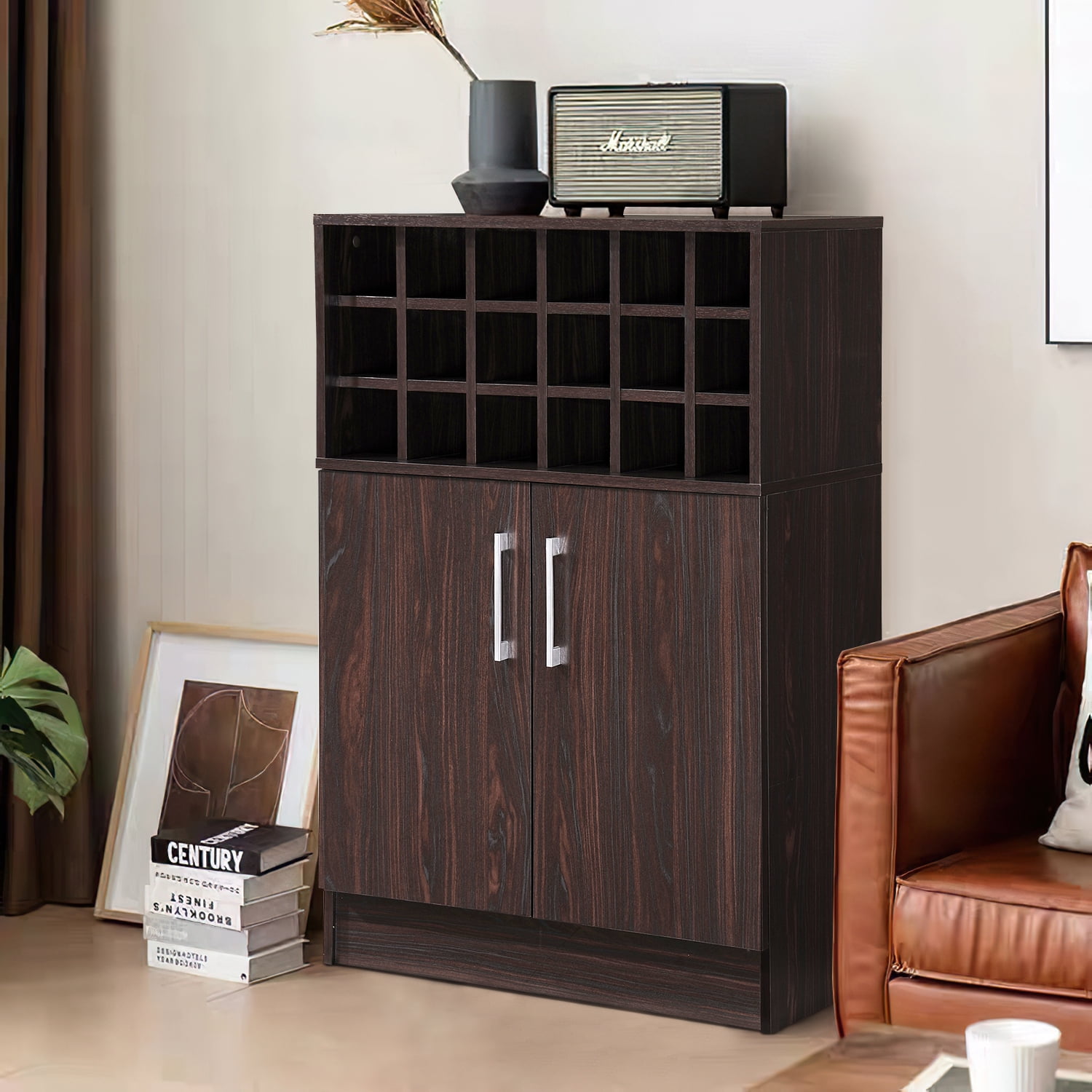 Kadyn Modern Wine Rack Bar Cabinet, Fiberboard Wine Bar Cabinet for Home Bar, Mid Century Bar Cabinet with Storage Space, Walnut