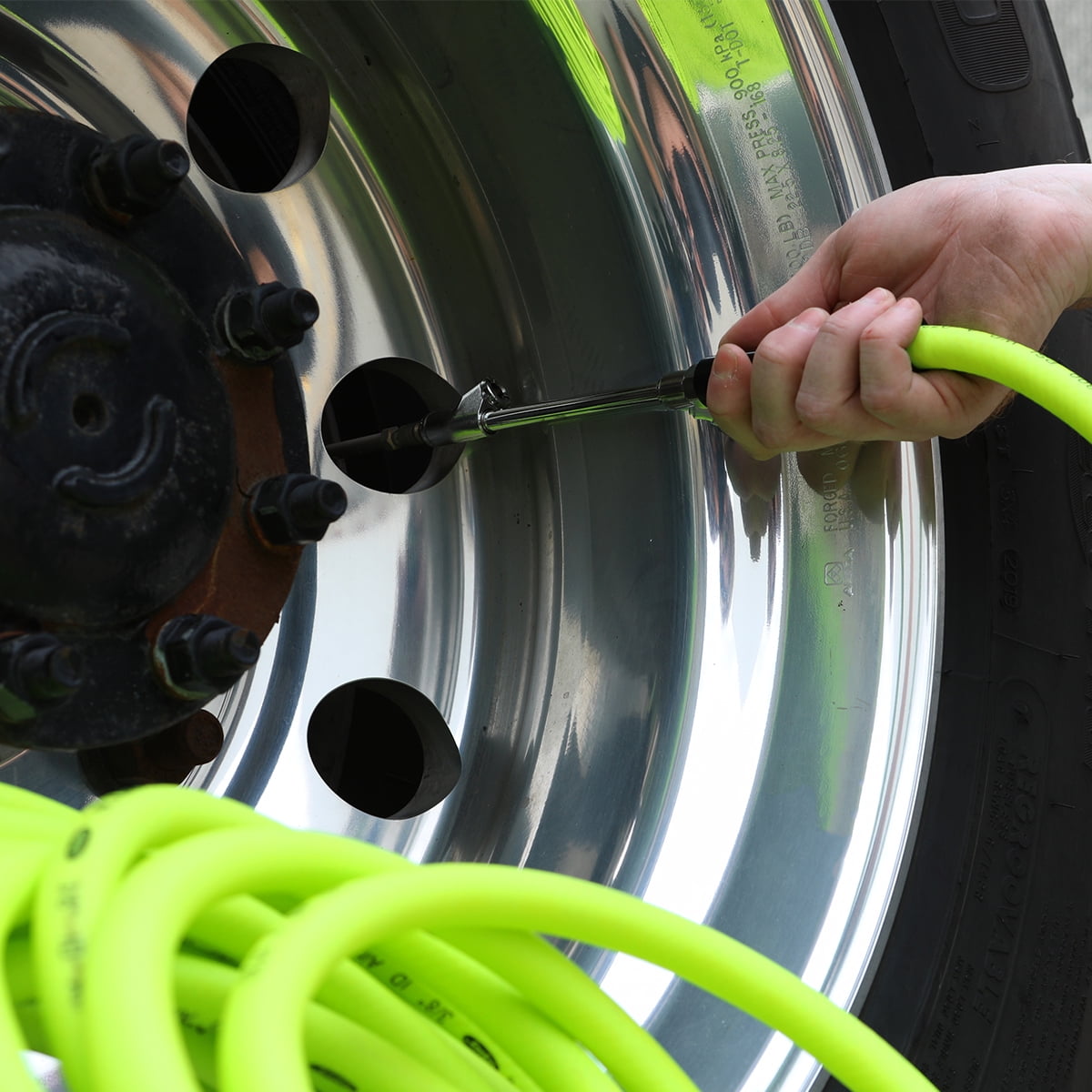 Flexzilla® Truck Tire Inflator Kit 3-Piece, 3/8" x 50' Hose, Glad-Hand Attachment, 30° Dual Angle and Straight-On Air Chuck, ZillaGreen®