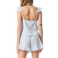 thumbnail image 4 of Defitshape Women's 2 Piece Linen Cotton Pajamas Cute Striped Short Sleeve Pajama Set Summer Cami V Neck Comfy Ruffle Shorts Pjs Light Blue Medium, 4 of 4