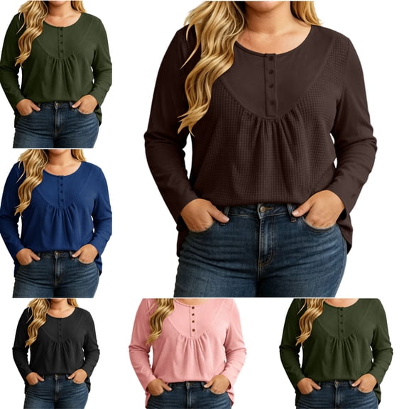 FAHUOMU Women's Plus Size Top Long Sleeve Button Up Crewneck Waffle Shirts Fall Fashion Lightweight Clothes