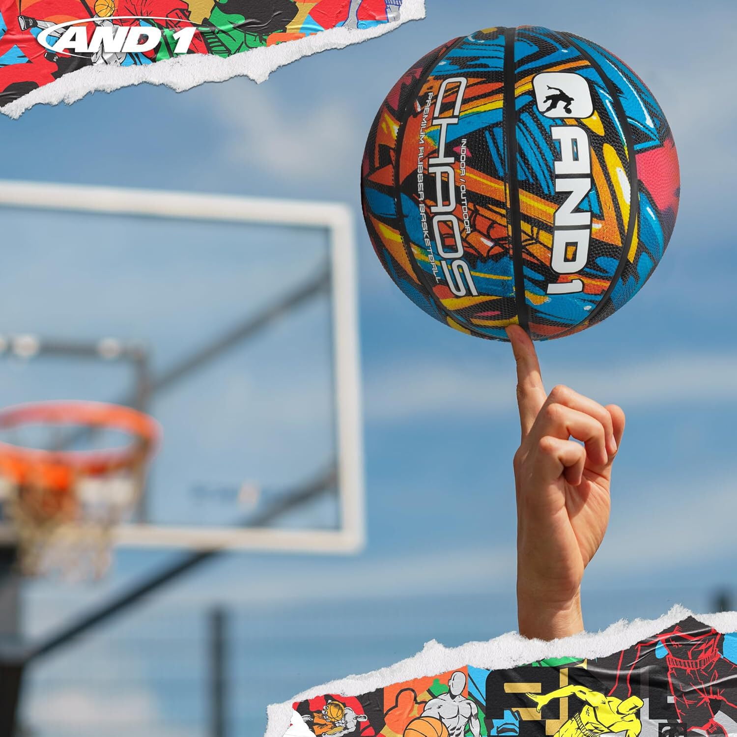 AND1 Chaos Basketball: Size 7 (29.5") Rubber, Deep Channel, Made for Indoor Outdoor Basketball Games, Pump Included