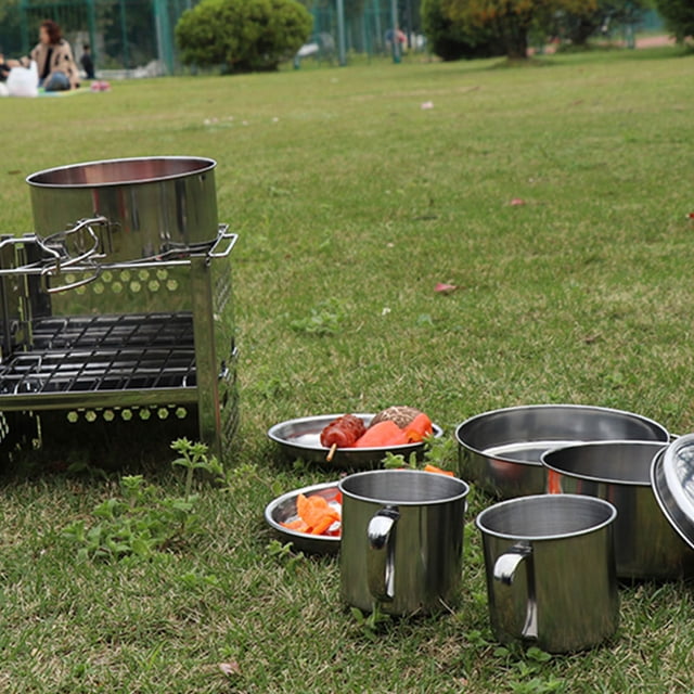 Tazón De Barbacoa De Acero Inoxidable, Juego De Utensilios De Cocina Para Acampar, Olla Plegable Portátil Para Exteriores, Juego De Cocina De Picnic De 8 Piezas, Equipo De