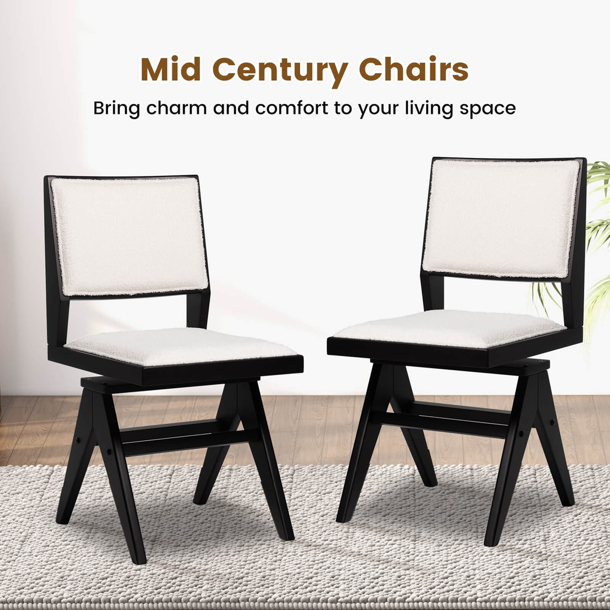 Costway Mid Century Modern Dining Chairs Set of 2 Faux Shearling Upholstered Dinner Chairs