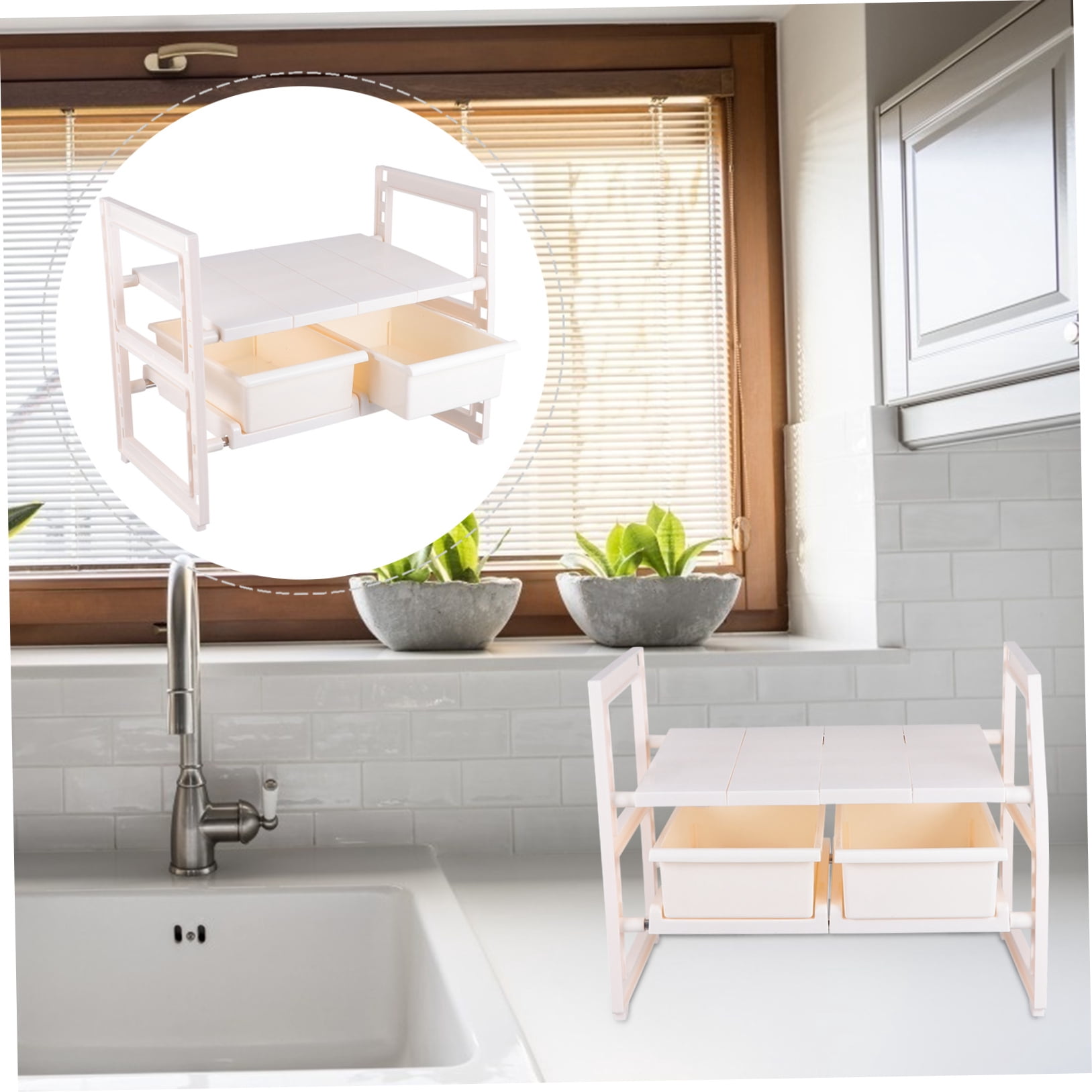 Raindrops White Plastic Under-Sink Cabinet Organizer with Adjustable Shelves, Dual Drawers, and Multi-Purpose Storage Solution