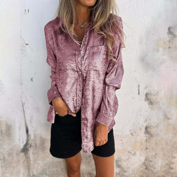 YEJIMAN Pink Shirt Women Trendy, Polyester,Spandex Plus Size Tunic Tops For Women, Women's Satin Silk Blouse Lapel V Neck Long Sleeve Casual Work Blouse Shirts Pullover Tops