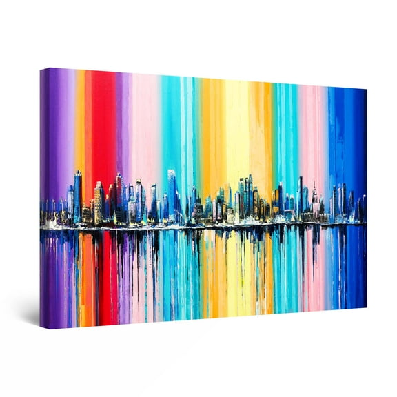 Startonight Canvas Wall Art Abstract - Multi Colored Cityscape Rainbow Painting - Large Framed 32" x 48"