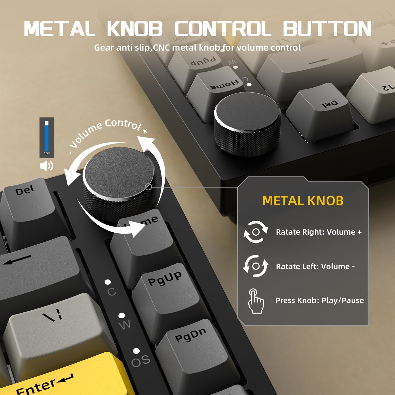 AJAZZ AK820 75% Wired RGB Hot Swap Mechanical Keyboard with CNC Volume Knob,Poron Foam Gasket Mounted,South Facing LED,OME Profile PBT Keycap-RGB Light,NKRO,Yellow Linear Switch Switch(Gray Orange)