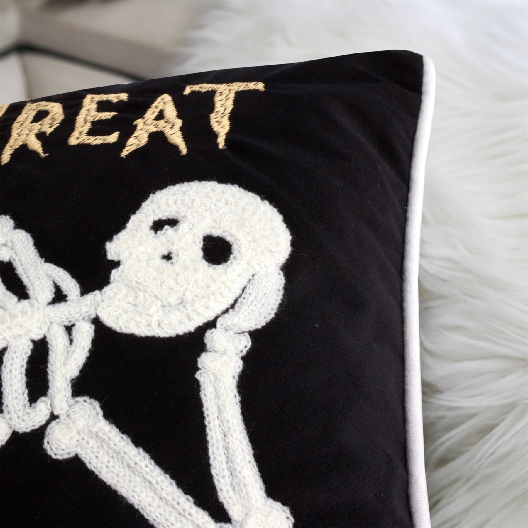 Trick-or-Treat Black Embroidered Pumpkin Graphic Polyester 14 in. x 20 in. Decorative Throw Pillow