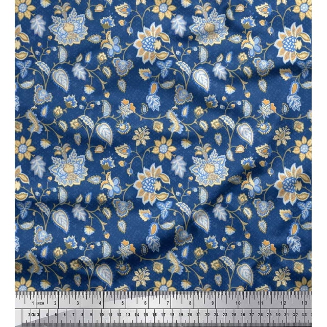 Soimoi Polyester Crepe Fabric Leaves & Floral Block Printed Craft Fabric by The Yard 42 Inch Wide